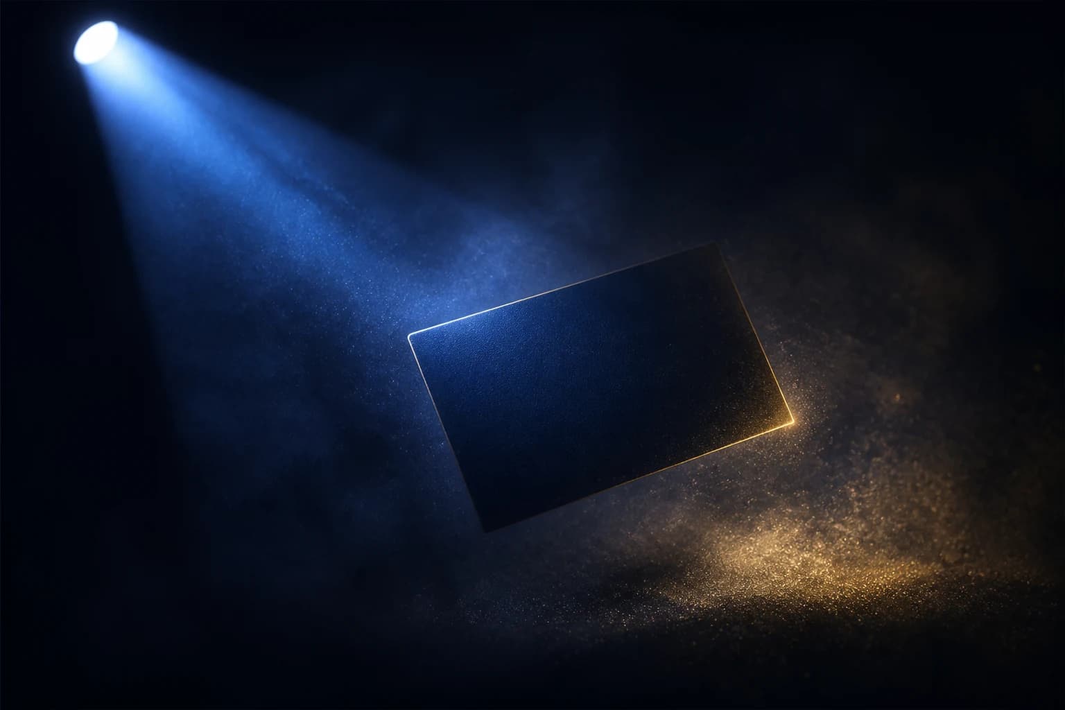 A business card illuminated by a searchlight beam in a dark void, Craig Pretzinger.