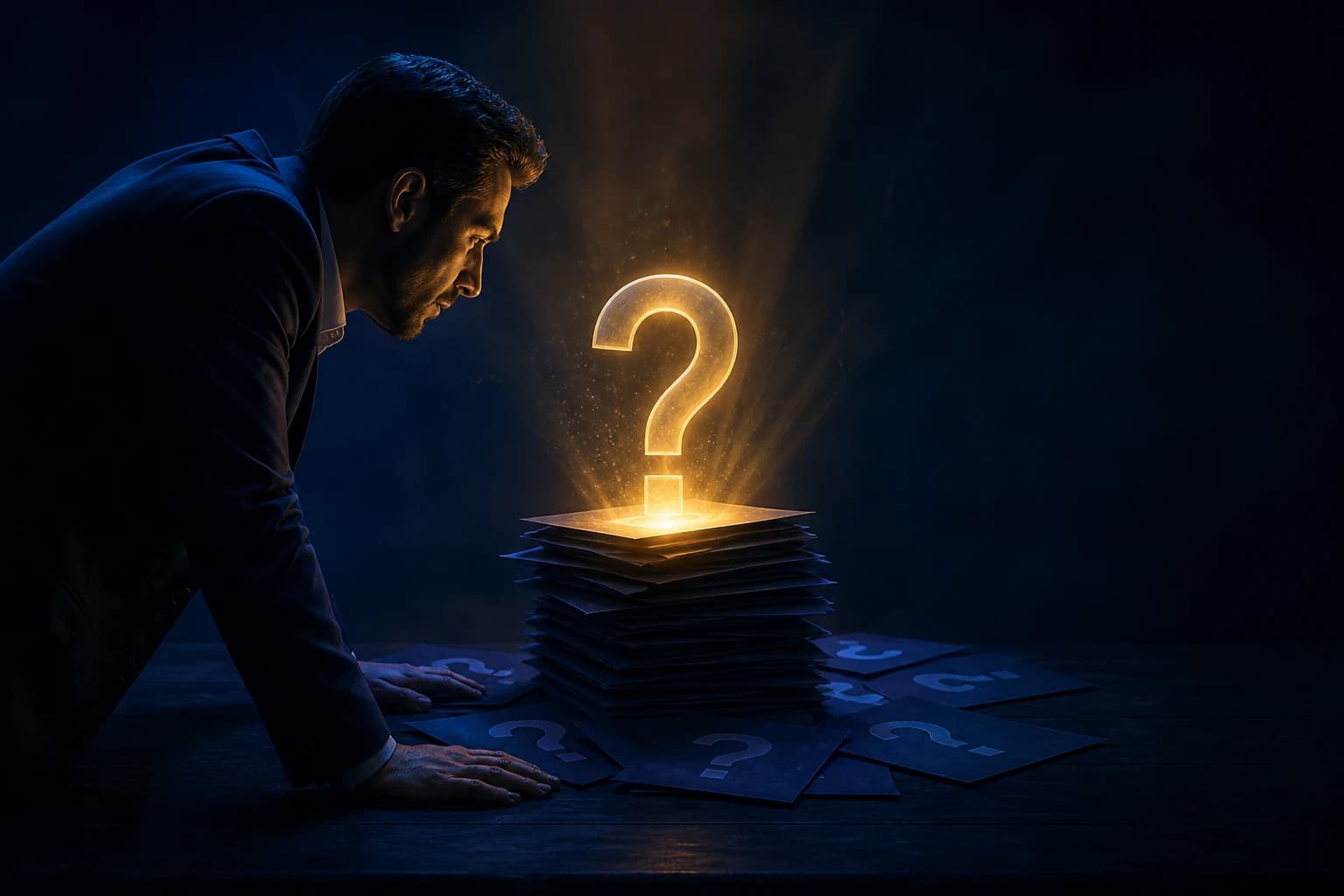 Owner reaches toward a glowing question mark rising from answered questions, Craig Pretzinger
