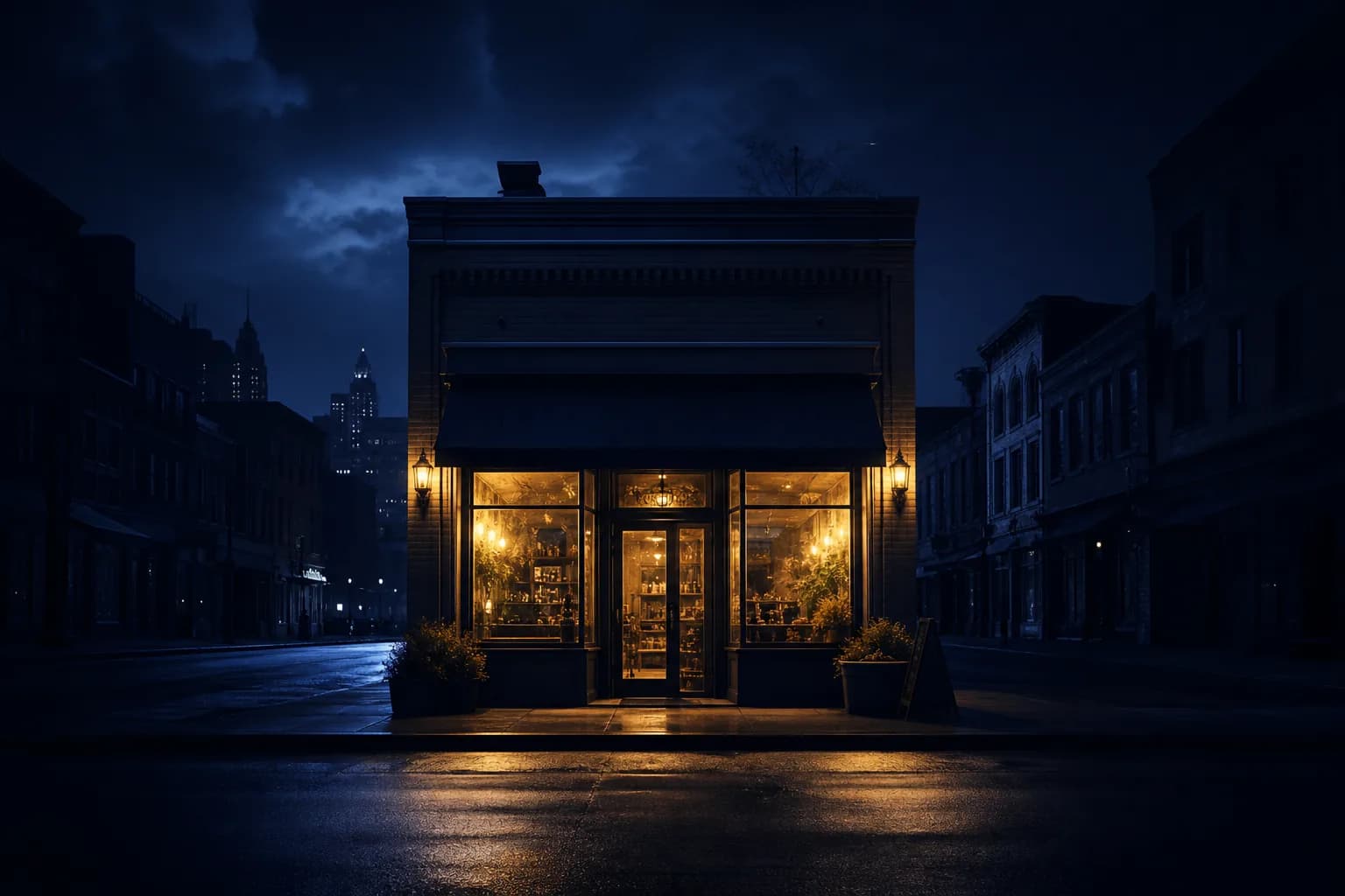 Single lit storefront on a dark street, the business AI recommends first, Craig Pretzinger