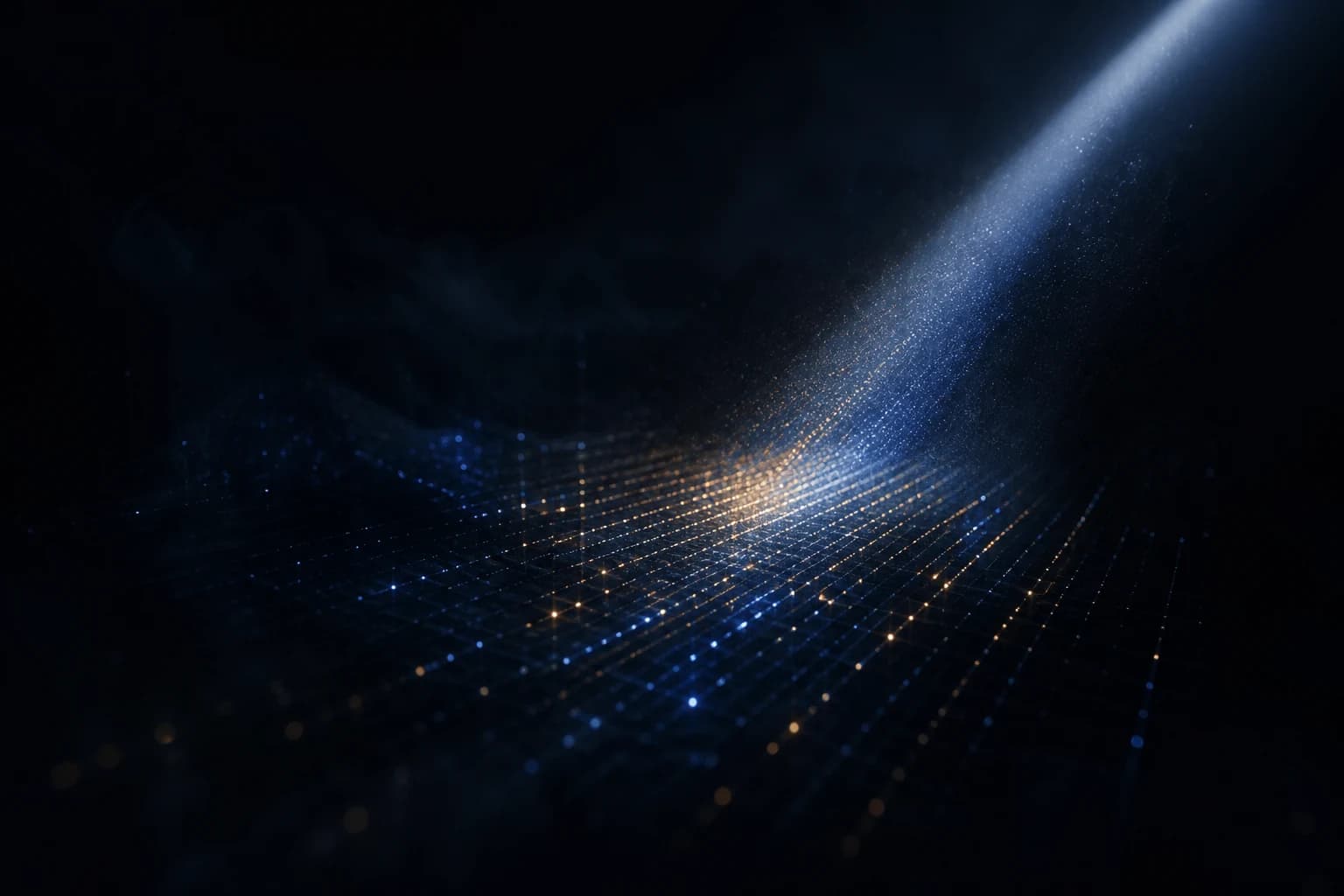 Beam of light sweeping across dark field reading scattered data points into grid, Craig Pretzinger