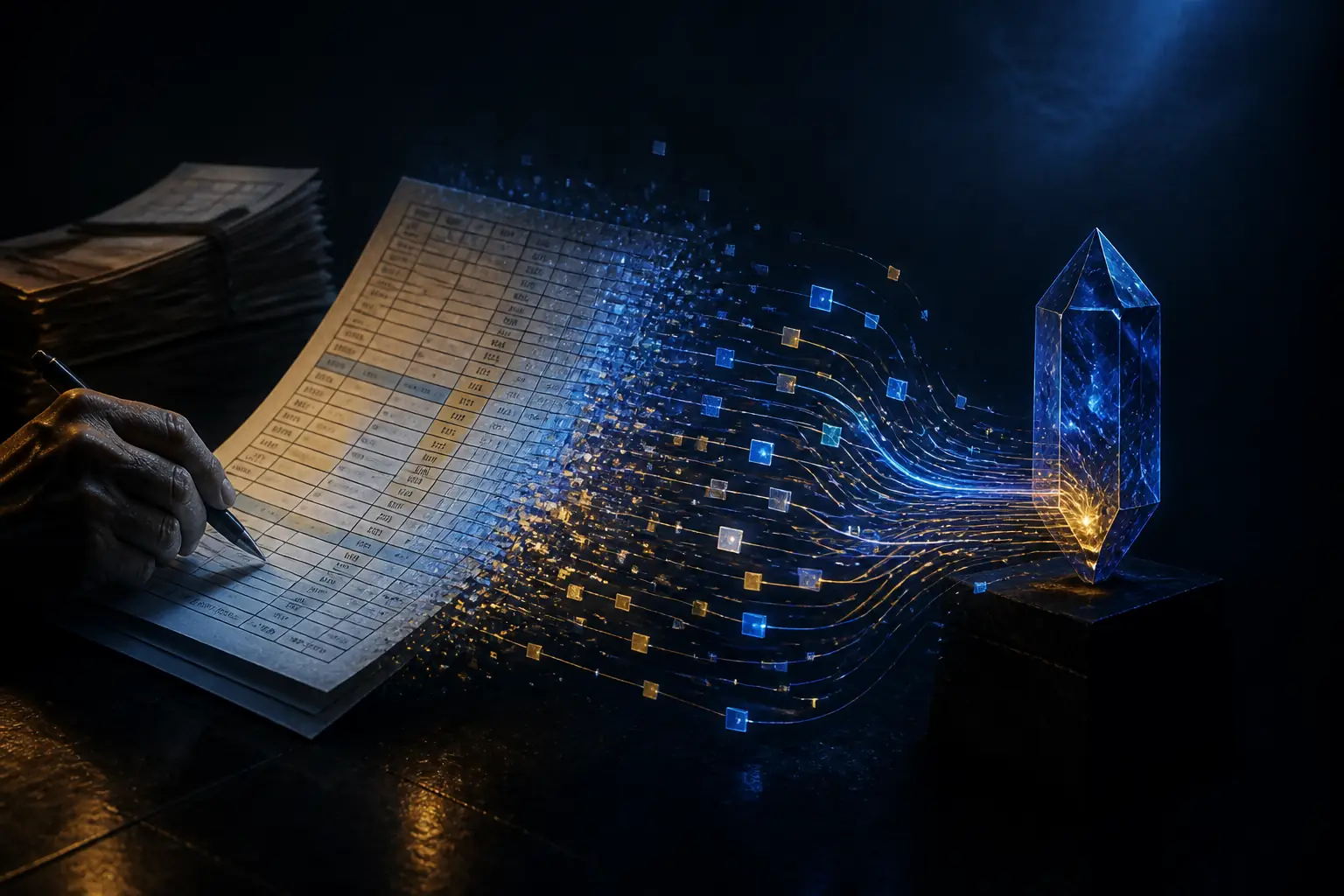 proprietary spreadsheet transforming into glowing structured data streams Craig Pretzinger